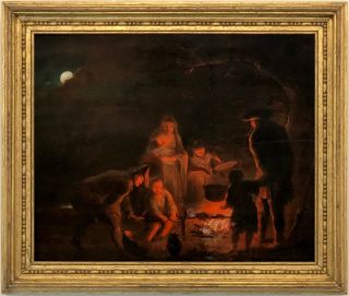 Campfire By Moonlight Antique Old Master Oil Painting 18th Century Dutch School