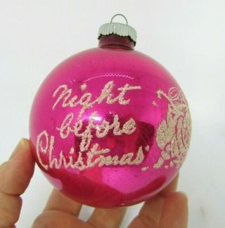 Vtg Shiny Brite Pink,  Mica Stenciled Christmas Ornament Night Before Christmas