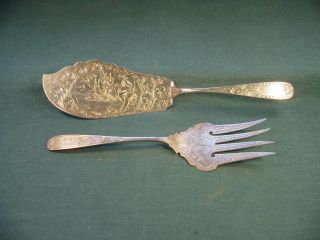 Pre 1900 Sterling Canfield Bro & Co Fish Server Fork Set Engraved Fishing Scene
