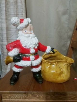 Vintage Ceramic Santa Claus With Bell And Toy Sack Planter Atlantic Mold 12 "