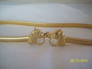 Vintage Mimi Di N Gold Horse Head Buckle W/ Stretch Belt Equestrian Texture 1974