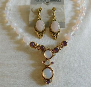 Vtg Monet Light Pink,  Purple And Clear Pendant Necklace And 1928 Drop Earrings