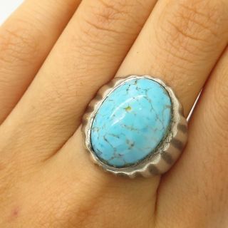 Vtg Mexico 925 Sterling Silver Real Large Turquoise Gem Wide Ring Size 8 1/4
