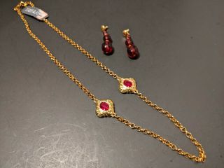 Vintage Trifari Gold Tone Chain Necklace Red Crystal Accent Stones Pierced Earri