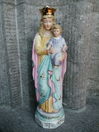 Antique Porcelain Bisque Virgin Mary Madonna Child Jesus Altar Standing Statue