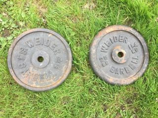2 Vintage Weider 25 Lb Barbell Weight Plates - Cast Iron - Strength Training - 1” Bar