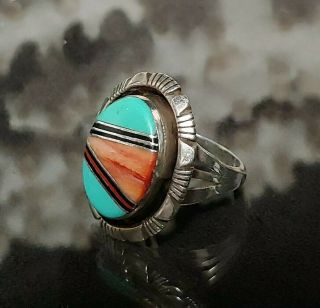 Striking Vintage Zuni Native American Multi - Stone Inlay Sterling Silver Ring 6.  5