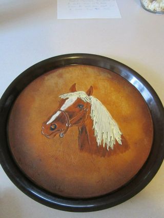Vtg.  Bolta Leather Horse Head Serving Tray Hand Tooled 14 " Unique And Lovely Usa