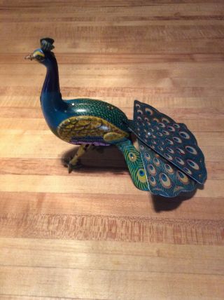 Vintage Tin Wind Up Toy Proud Peacock Alps Co Litho Occupied Japan Antique