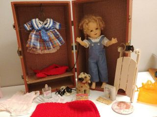 Vintage 13 " Composition Ideal Shirley Temple Doll Orig Dress Steiff Dog Trunk