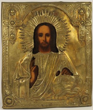 C.  1900 Antique Russian Orthodox Art Icon Jesus Christ Emmanuel In Brass Oklad