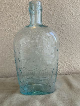 Antique Union Clasp Aqua Blue Glass Bottle Flask - Hands/eagle - 1850s