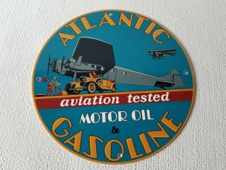Vintage Atlantic Motor Oil Gasoline Porcelain Metal Enamel 12 " Advertising Sign
