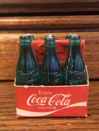 Vintage 6 - Pack Carrier Mini Miniature Glass Coke Coca - Cola Bottles Green Bottles
