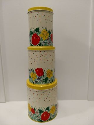 Nc Colorware Vintage Set/3 Metal Canisters Yellow Red Green Tulips Daffodils Usa
