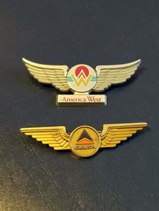 2 Vintage Plastic Delta / America West Airlines Pilot Wings Pin Stoffel Seal