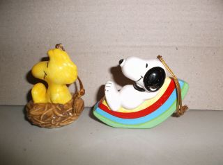 2 Vintage Ufs Peanuts Christmas Ornaments - Woodstock 1972 - Snoopy Rainbow 1966