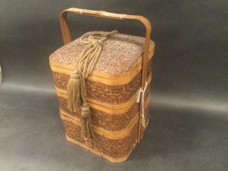 Fine Antique 19th C Japanese Woven Bamboo Bento Lunch Box