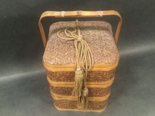 Fine Antique 19th c Japanese Woven Bamboo Bento Lunch box 2