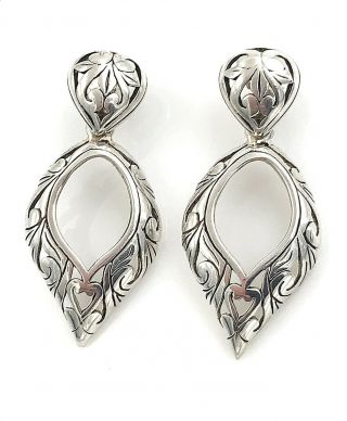 Vintage.  925 Sterling Silver Decorative Filigree Drop Hoop Post Earrings
