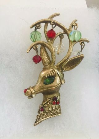 Vintage Mylu Signed Pin Brooch Rhinestone Crystal Dangle Reindeer Holiday