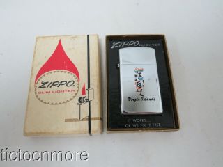 Vintage Zippo Slim H.  P.  Virgin Islands Souvenir Cigarette Lighter D.  1973 & Box
