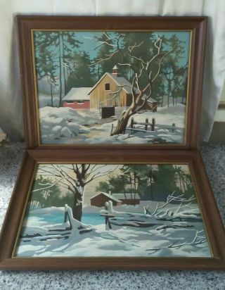 Vintage Completed Paint By Number 2 Winter Scenes