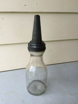 Vintage 1926 Master Mfg Co.  Oil Bottle Spout W/ Duraglas Bw1228 1 Quart Bottle