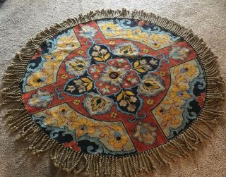 Vintage Arts And Crafts Era Hand Knit Antique Wool Rug 53” With Tassels