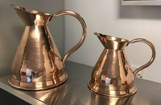 2 Lovely Vintage Hammered Copper Jug Pitcher Pot Milk Water Wine 2&4 Pint Approx