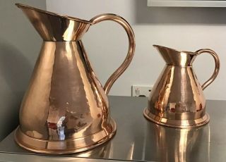 2 Lovely vintage hammered copper jug pitcher pot milk water wine 2&4 PINT APPROX 2