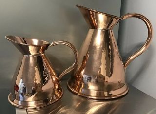 2 Lovely vintage hammered copper jug pitcher pot milk water wine 2&4 PINT APPROX 3
