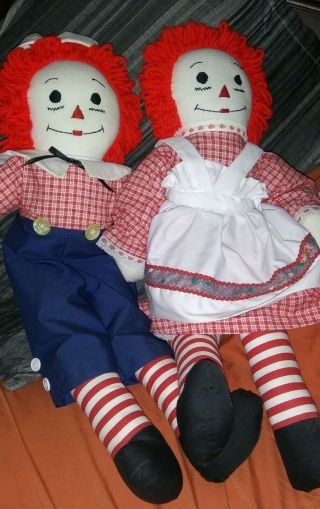 Antique Large 25 " Raggedy Ann & Andy Plush Dolls " I Love You " On Chest.
