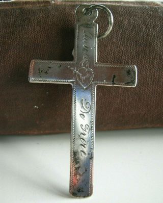 1891 Antique French Solid Silver Engraving Cross Pendant Nun Bleeding Heart