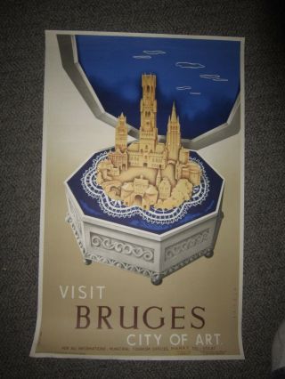 Visit Bruges City Of Art Belgium 1950s Travel Poster Music Box Vintage
