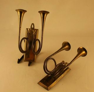 Vintage Pair Heavy Brass French Horn Double Taper Candle Wall Sconces