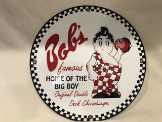 Vintage Bob’s Famous Home Of The Big Boy 12 " Round Porcelain Sign Burger Exc Con
