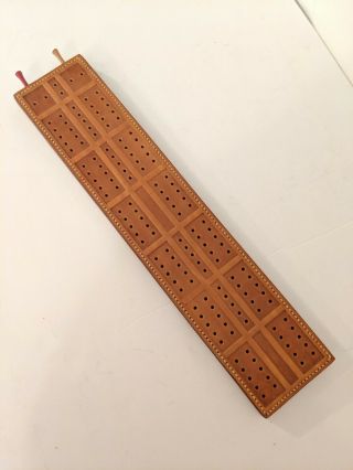 Vintage Embossed Stitched Leather Cribbage Board 16 " X 3.  5 "