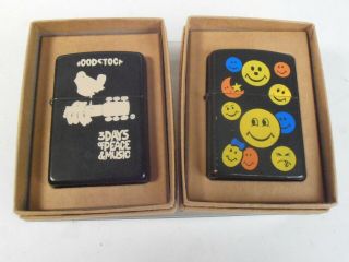 Vintage Zippo Woodstock & Smiley Face 2 Lighter Set W/box