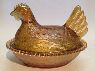 Vintage 7 " Indiana Glass Amber Carnival Glass Hen On Nest W/ Beaded Edge