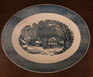 Vintage Currier And Ives Blue 13 " Oval Serving Platter 