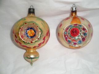 2 Large Vintage Hand Painted Glass Christmas Ornament - Triple Indent Drop -