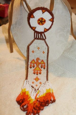 Vintage Native American Necklace Lg Seed Bead Medallion Indian Thunderbird