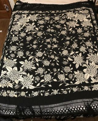 Antique 2 - Side Chinese Canton Embroidered Silk Piano Shawl Blk Wt Hydrangea 85”