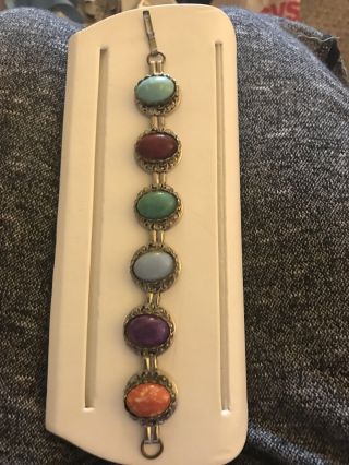 Vintage Multicolored Cabochon Bracelet - Gemstones Sit On Filigree Style Silver