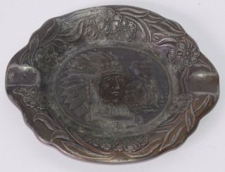 Vintage American Indian Chief Copper Ashtray With Floral Border 4.  5 " L X 4 " W