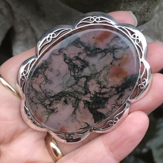 Unusual Large Antique Vintage Sterling Silver Scottish Moss Agate Brooch/pin