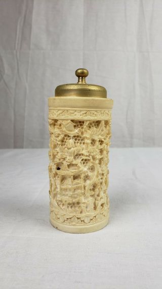 Antique Chinese Export Carved Bovine Bone Pepper Shaker Very Intricate