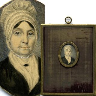 Antique Hand Painted French Portrait Miniature,  Woman In Lace Bonnet,  Frame