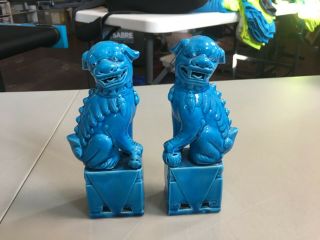 Pair 8” Vintage Chinese Turquoise Blue Glazed Foo Dog Lion Sculptures Japan